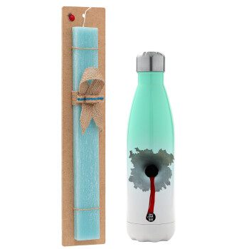 Bullet holes, Easter Set, Metallic green/white thermos (Stainless steel), double-walled, 500ml & scented flat Easter candle (30cm) (TURQUOISE)