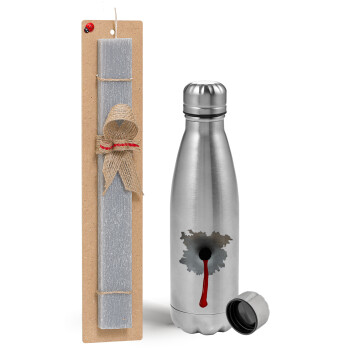 Bullet holes, Easter Set, metallic Inox water bottle (750ml) & aromatic flat Easter candle (30cm) (GRAY)
