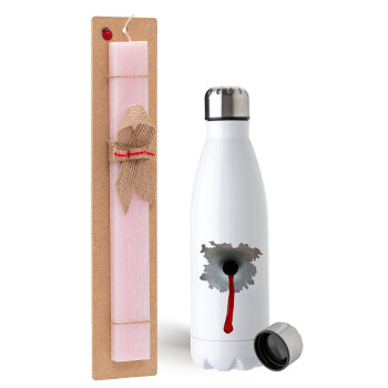 Bullet holes, Easter Set, metallic stainless steel water bottle (750ml) & scented flat Easter candle (30cm) (PINK)
