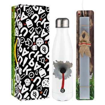 Bullet holes, Easter candle, metallic white thermos bottle (500ml) & aromatic flat candle (30cm) (GRAY)