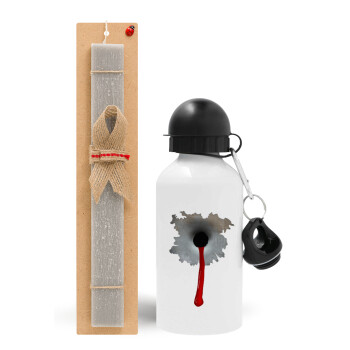 Bullet holes, Easter Set, metallic aluminum water bottle (500ml) & aromatic flat Easter candle (30cm) (GRAY)
