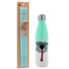 Easter Set, Metallic green/white thermos (Stainless steel), double-walled, 500ml & scented flat Easter candle (30cm) (TURQUOISE)