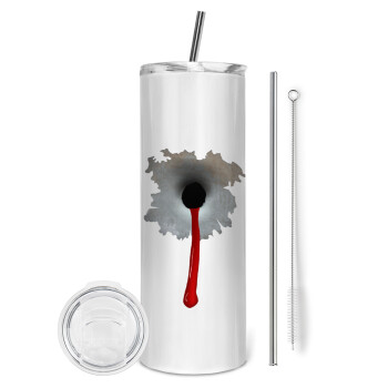Bullet holes, Eco friendly ποτήρι θερμό (tumbler) από ανοξείδωτο ατσάλι 600ml, με μεταλλικό καλαμάκι & βούρτσα καθαρισμού
