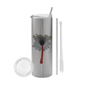 Bullet holes, Eco friendly stainless steel Silver tumbler 600ml, with metal straw & cleaning brush