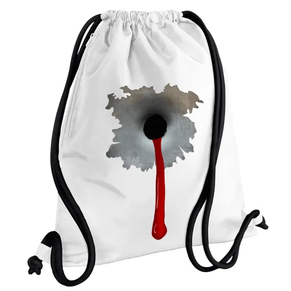 Bullet holes — Τσάντα πλάτης πουγκί GYMBAG λευκή, με τσέπη (40x48cm) & χονδρά κορδόνια