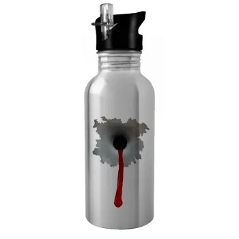 Bullet holes, Water bottle Silver with straw, stainless steel 600ml