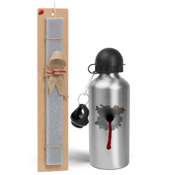 Bullet holes, Πασχαλινή Λαμπάδα με παγούρι μεταλλικό Ασημένιο αλουμινίου (500ml) & κερί αρωματικό πλακέ (30cm) (ΓΚΡΙ)