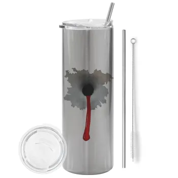 Bullet holes, Tumbler ποτήρι θερμό Ασημένιο από ανοξείδωτο ατσάλι 600ml, με μεταλλικό καλαμάκι & βούρτσα καθαρισμού