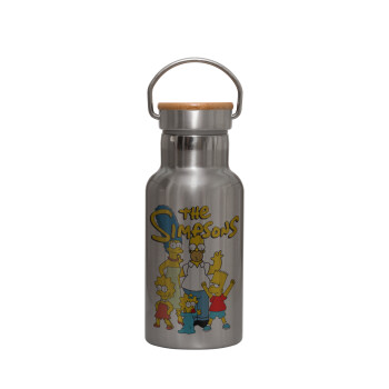 The Simpsons, Stainless steel metallic thermos flask, silver with a bamboo lid, double-walled, 350ml.