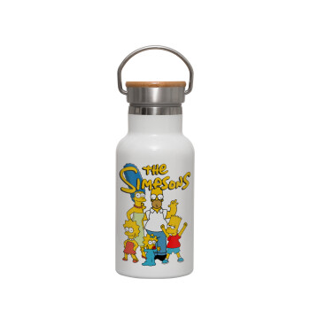 The Simpsons, Μεταλλικό παγούρι θερμός (Stainless steel) Λευκό με ξύλινο καπακι (bamboo), διπλού τοιχώματος, 350ml