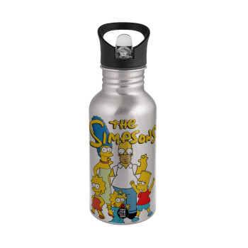 The Simpsons, Παγούρι νερού Ασημένιο με καλαμάκι, ανοξείδωτο ατσάλι 500ml