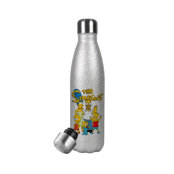 The Simpsons, Μεταλλικό παγούρι θερμός Glitter Aσημένιο (Stainless steel), διπλού τοιχώματος, 500ml