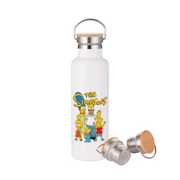 The Simpsons, Μεταλλικό παγούρι θερμός (Stainless steel) Λευκό με ξύλινο καπάκι (bamboo), διπλού τοιχώματος, 750ml