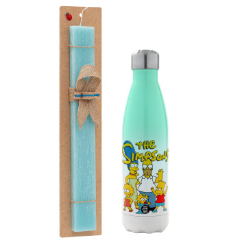 The Simpsons, Easter Set, Metallic green/white thermos (Stainless steel), double-walled, 500ml & scented flat Easter candle (30cm) (TURQUOISE)