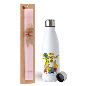 The Simpsons, Easter Set, metallic stainless steel water bottle (750ml) & scented flat Easter candle (30cm) (PINK)