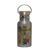 Stainless steel metallic thermos flask, silver with a bamboo lid, double-walled, 350ml.