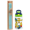 Easter Set, Children's thermal stainless steel bottle with safety straw, green/blue (350ml) & aromatic flat Easter candle (30cm) (TURQUOISE)
