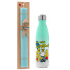 Easter Set, Metallic green/white thermos (Stainless steel), double-walled, 500ml & scented flat Easter candle (30cm) (TURQUOISE)