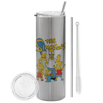 The Simpsons, Eco friendly ποτήρι θερμό Ασημένιο (tumbler) από ανοξείδωτο ατσάλι 600ml, με μεταλλικό καλαμάκι & βούρτσα καθαρισμού