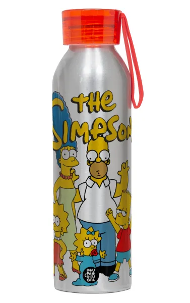 The Simpsons — Αλουμινένιο Αθλητικό Μπουκάλι 650ml – Ασημί με Κόκκινο Καπάκι και Λουράκι Σιλικόνης