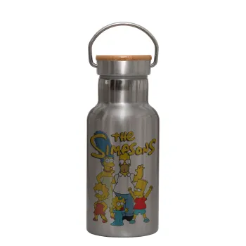 The Simpsons, Stainless steel metallic thermos flask, silver with a bamboo lid, double-walled, 350ml.