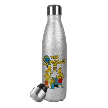 The Simpsons, Μεταλλικό παγούρι θερμός Glitter Aσημένιο (Stainless steel), διπλού τοιχώματος, 500ml