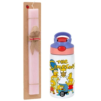 The Simpsons, Easter Set, Children's thermal stainless steel water bottle with safety straw, pink/purple (350ml) & Easter scented flat candle (30cm) (PINK)