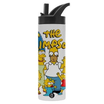 The Simpsons, Μεταλλικό παγούρι θερμός με καλαμάκι & χειρολαβή, ανοξείδωτο ατσάλι (Stainless steel 304), διπλού τοιχώματος, 600ml