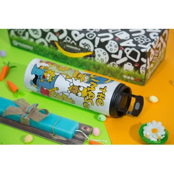 The Simpsons, Easter candle,Travel Tumbler 2 Lids, with metal straw & cleaning brush & aromatic flat candle (30cm) (BLUE)