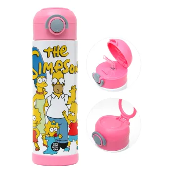 The Simpsons, Children's hot water bottle, stainless steel, with safety straw, PINK (500ml)