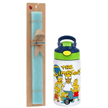 The Simpsons, Easter Set, Children's thermal stainless steel bottle with safety straw, green/blue (350ml) & aromatic flat Easter candle (30cm) (TURQUOISE)