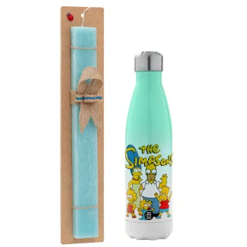 The Simpsons, Easter Set, Metallic green/white thermos (Stainless steel), double-walled, 500ml & scented flat Easter candle (30cm) (TURQUOISE)
