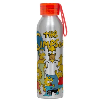 The Simpsons, Αλουμινένιο Αθλητικό Μπουκάλι 650ml – Ασημί με Κόκκινο Καπάκι και Λουράκι Σιλικόνης