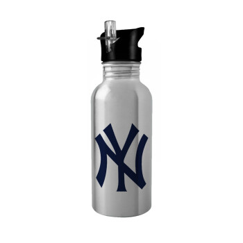 New York , Water bottle Silver with straw, stainless steel 600ml