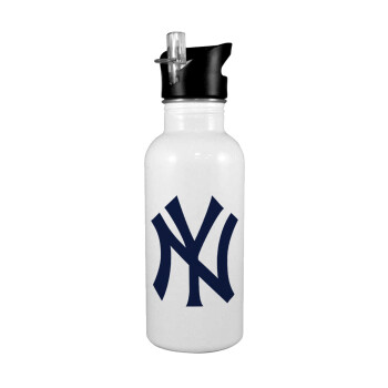 New York , White water bottle with straw, stainless steel 600ml