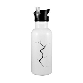 Cracked, White water bottle with straw, stainless steel 600ml