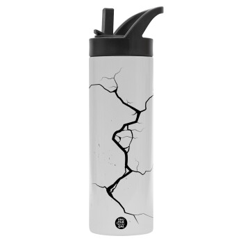 Cracked, Metallic thermos bottle with straw & handle, stainless steel (Stainless steel 304), double-walled, 600ml.