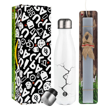 Cracked, Easter candle, metallic white thermos bottle (500ml) & aromatic flat candle (30cm) (GRAY)