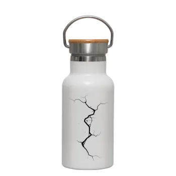 Cracked, Μεταλλικό παγούρι θερμός (Stainless steel) Λευκό με ξύλινο καπακι (bamboo), διπλού τοιχώματος, 350ml
