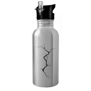 Cracked, Water bottle Silver with straw, stainless steel 600ml