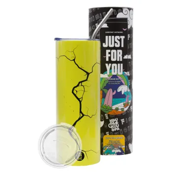 Cracked, Neon Yellow Travel Tumbler θερμό, μεταλλικό καλαμάκι(Ανωξείδωτο 304 Food grade, BPA free, 600ml)