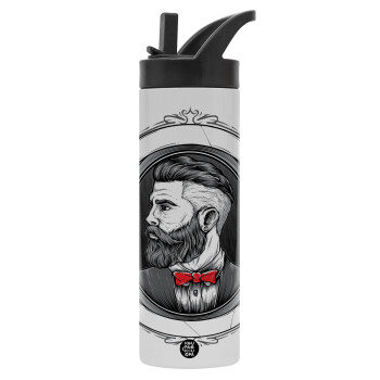 Barber shop, Μεταλλικό παγούρι θερμός με καλαμάκι & χειρολαβή, ανοξείδωτο ατσάλι (Stainless steel 304), διπλού τοιχώματος, 600ml