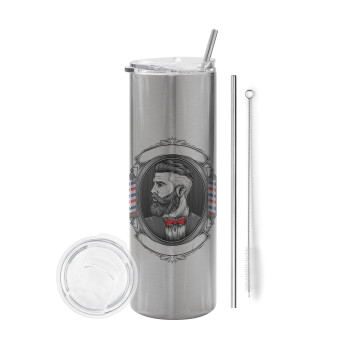 Barber shop, Tumbler stainless steel Silver 600ml, with metal straw & cleaning brush