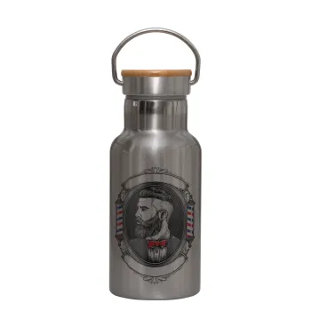 Barber shop, Stainless steel metallic thermos flask, silver with a bamboo lid, double-walled, 350ml.