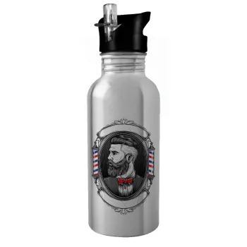 Barber shop, Water bottle Silver with straw, stainless steel 600ml