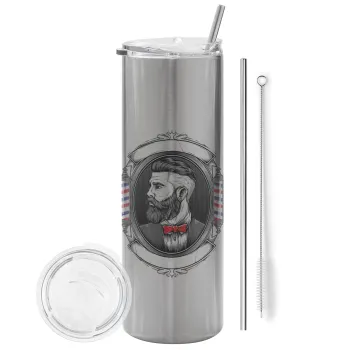Barber shop, Tumbler ποτήρι θερμό Ασημένιο από ανοξείδωτο ατσάλι 600ml, με μεταλλικό καλαμάκι & βούρτσα καθαρισμού