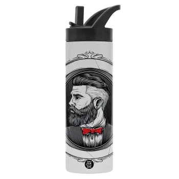 Barber shop, Μεταλλικό παγούρι θερμός με καλαμάκι & χειρολαβή, ανοξείδωτο ατσάλι (Stainless steel 304), διπλού τοιχώματος, 600ml