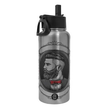 Barber shop, Metal mug thermo Silver with Straw and Spout Lid (Stainless steel), double wall, 950ml