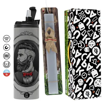 Barber shop, Πασχαλινή Λαμπάδα με Travel Tumbler θερμό (600ml, BPA free) & κερί αρωματικό πλακέ (30cm) (ΓΚΡΙ)