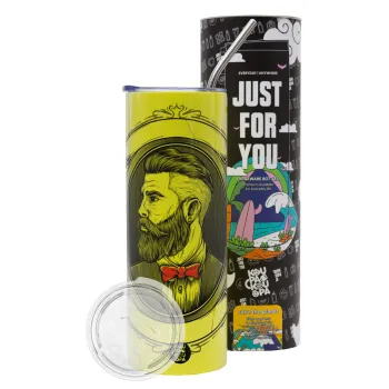Barber shop, Neon Yellow Travel Tumbler θερμό, μεταλλικό καλαμάκι(Ανωξείδωτο 304 Food grade, BPA free, 600ml)